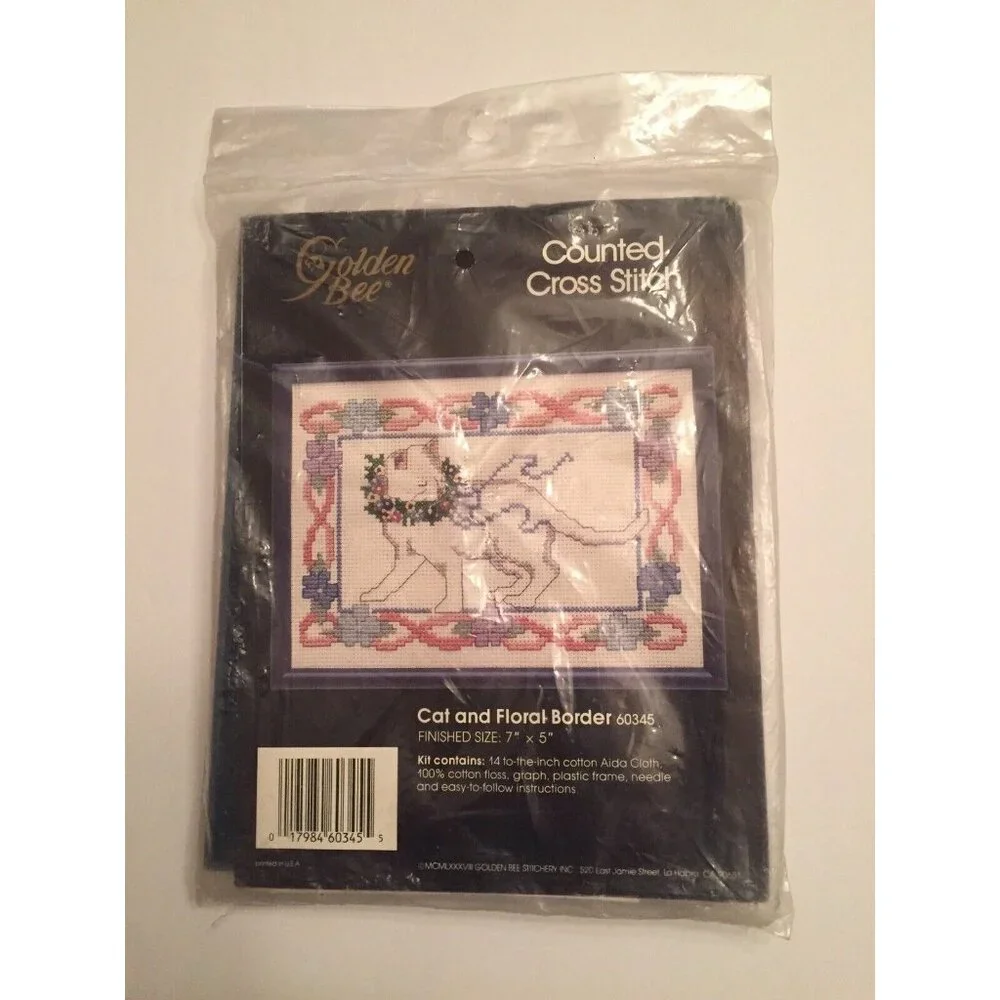 Golden Bee Counted Cross Stitch Kit Cat Floral Border 60345 Embroidery 7x5 NOS